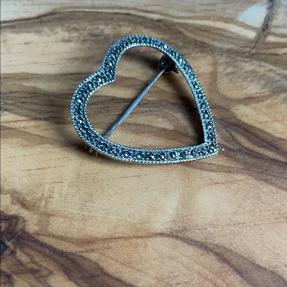Vintage Sterling Silver Marcasite Open Heart Brooch Pin